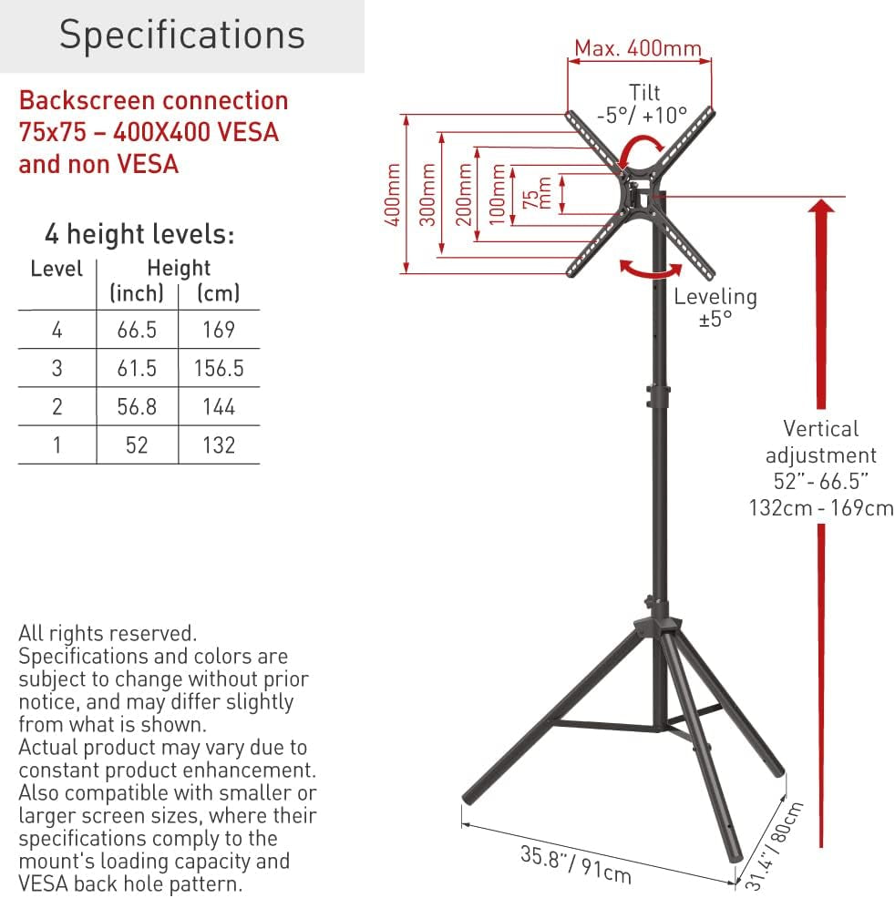 Tripod TV Floor Stand 13-65 Inch Tilt and Height Adjustment Stand, Holds up to 80 Lbs, 2 Year Warranty, Portable and Foldable, Fits LED OLED LCD
