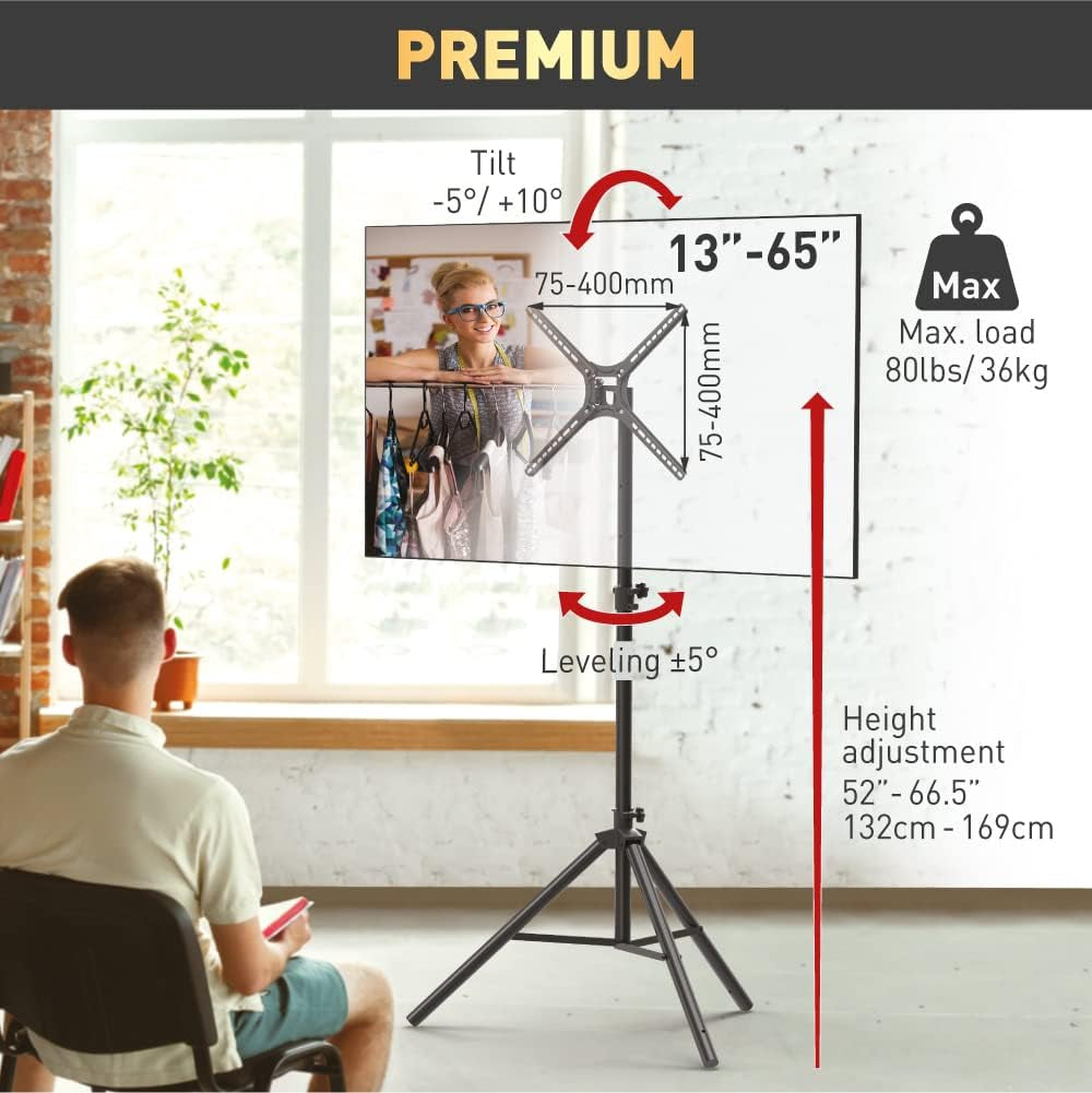 Tripod TV Floor Stand 13-65 Inch Tilt and Height Adjustment Stand, Holds up to 80 Lbs, 2 Year Warranty, Portable and Foldable, Fits LED OLED LCD