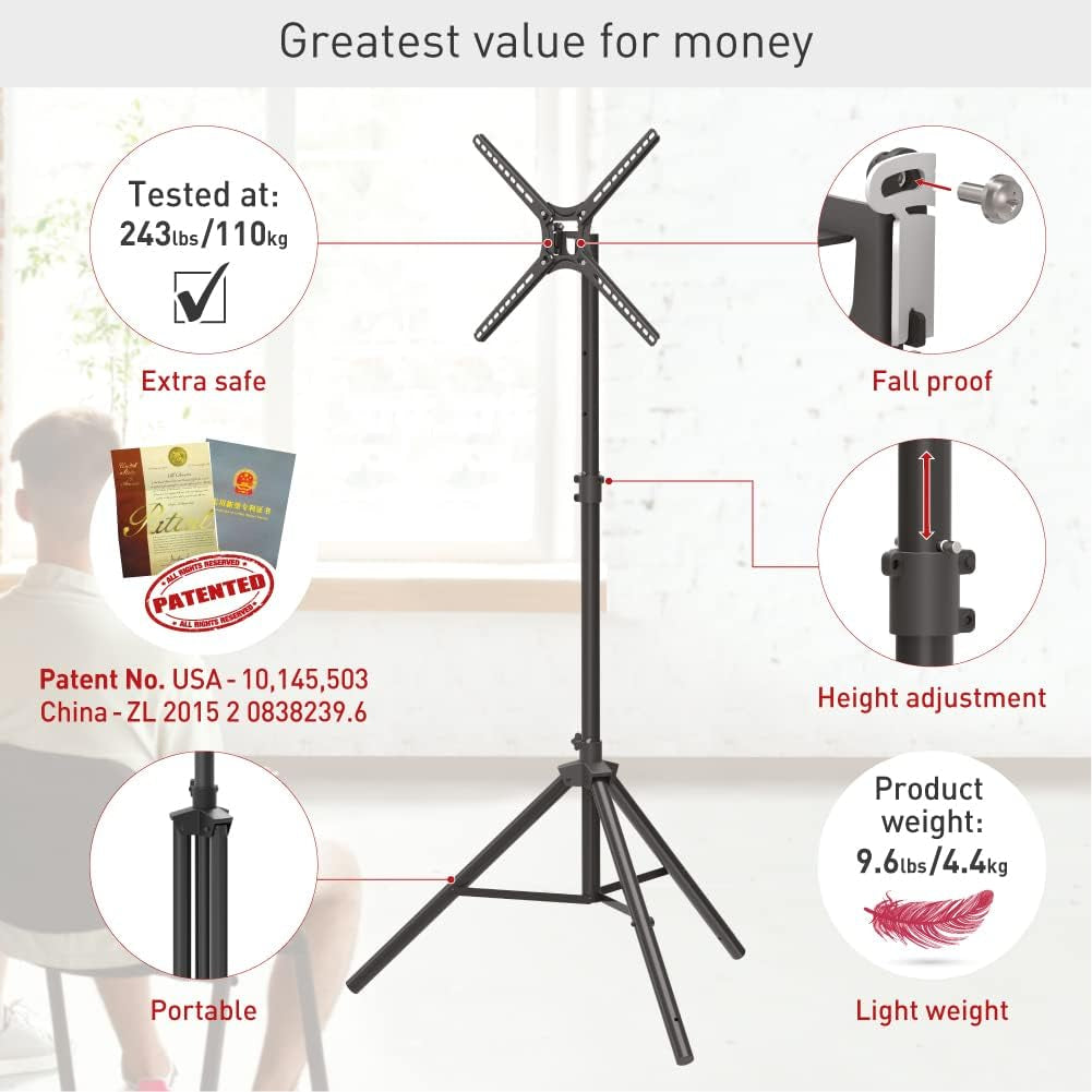 Tripod TV Floor Stand 13-65 Inch Tilt and Height Adjustment Stand, Holds up to 80 Lbs, 2 Year Warranty, Portable and Foldable, Fits LED OLED LCD