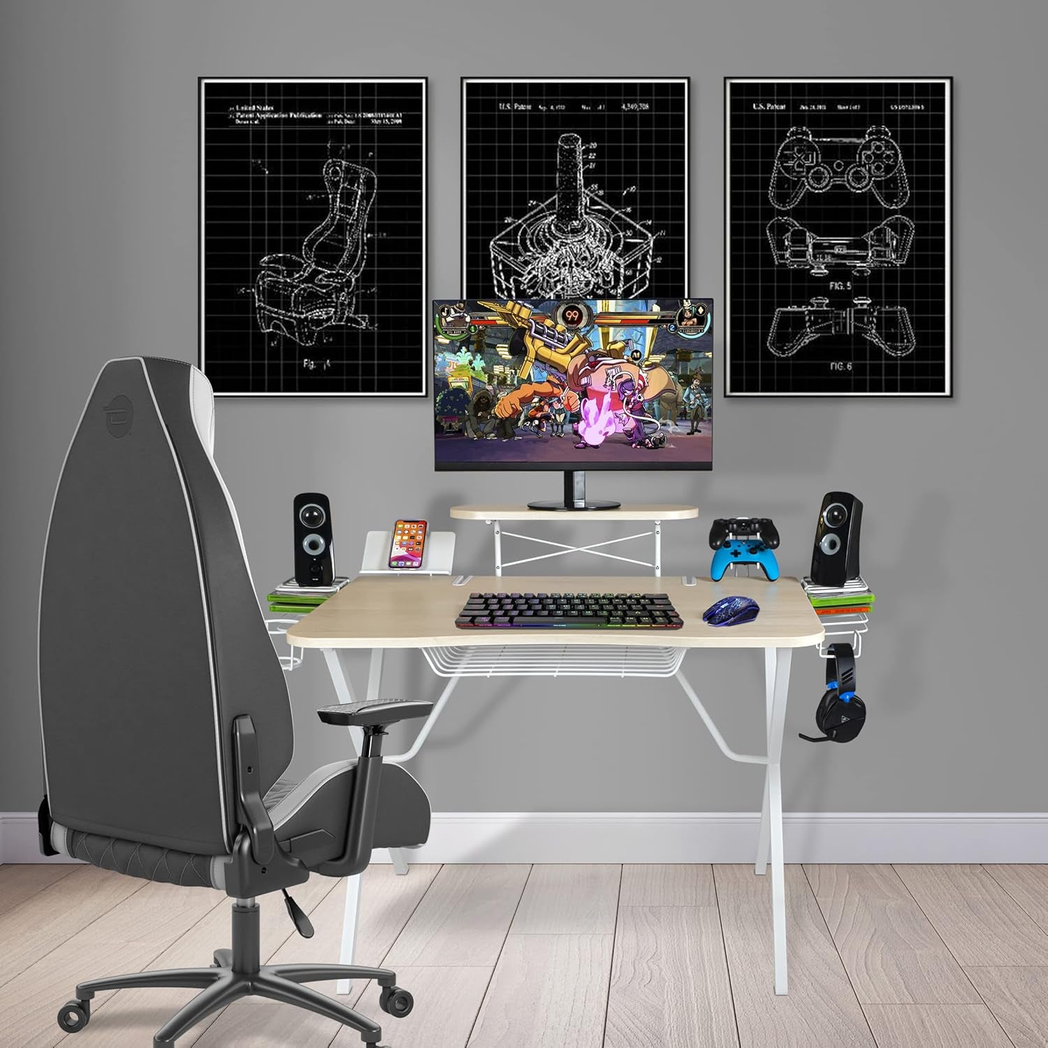 Gaming Desk Pro – Woodgrain Laminated Desktop, Heavy-Duty X-Legs, Detachable Monitor Platform, Tablet/Cell Phone Holder, Speaker Stands, Console Controller Rack, PN 33908142 - White