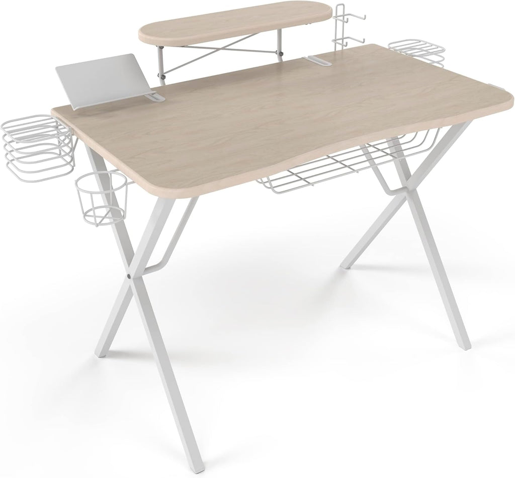 Gaming Desk Pro – Woodgrain Laminated Desktop, Heavy-Duty X-Legs, Detachable Monitor Platform, Tablet/Cell Phone Holder, Speaker Stands, Console Controller Rack, PN 33908142 - White