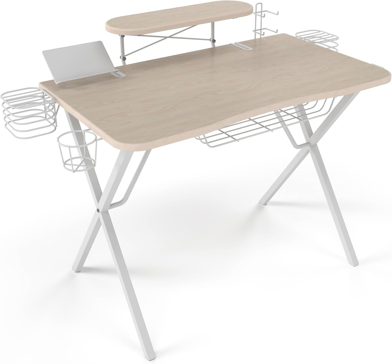 Gaming Desk Pro – Woodgrain Laminated Desktop, Heavy-Duty X-Legs, Detachable Monitor Platform, Tablet/Cell Phone Holder, Speaker Stands, Console Controller Rack, PN 33908142 - White