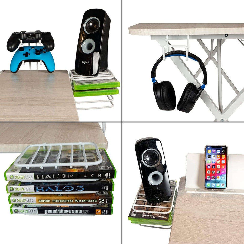 Gaming Desk Pro – Woodgrain Laminated Desktop, Heavy-Duty X-Legs, Detachable Monitor Platform, Tablet/Cell Phone Holder, Speaker Stands, Console Controller Rack, PN 33908142 - White