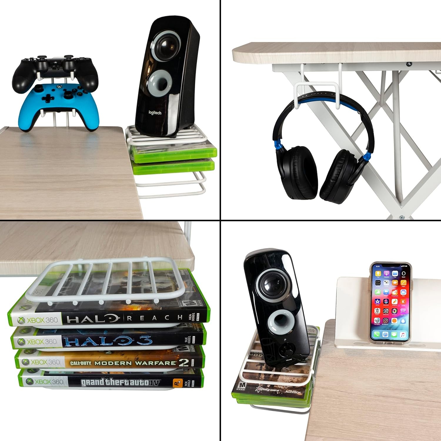Gaming Desk Pro – Woodgrain Laminated Desktop, Heavy-Duty X-Legs, Detachable Monitor Platform, Tablet/Cell Phone Holder, Speaker Stands, Console Controller Rack, PN 33908142 - White