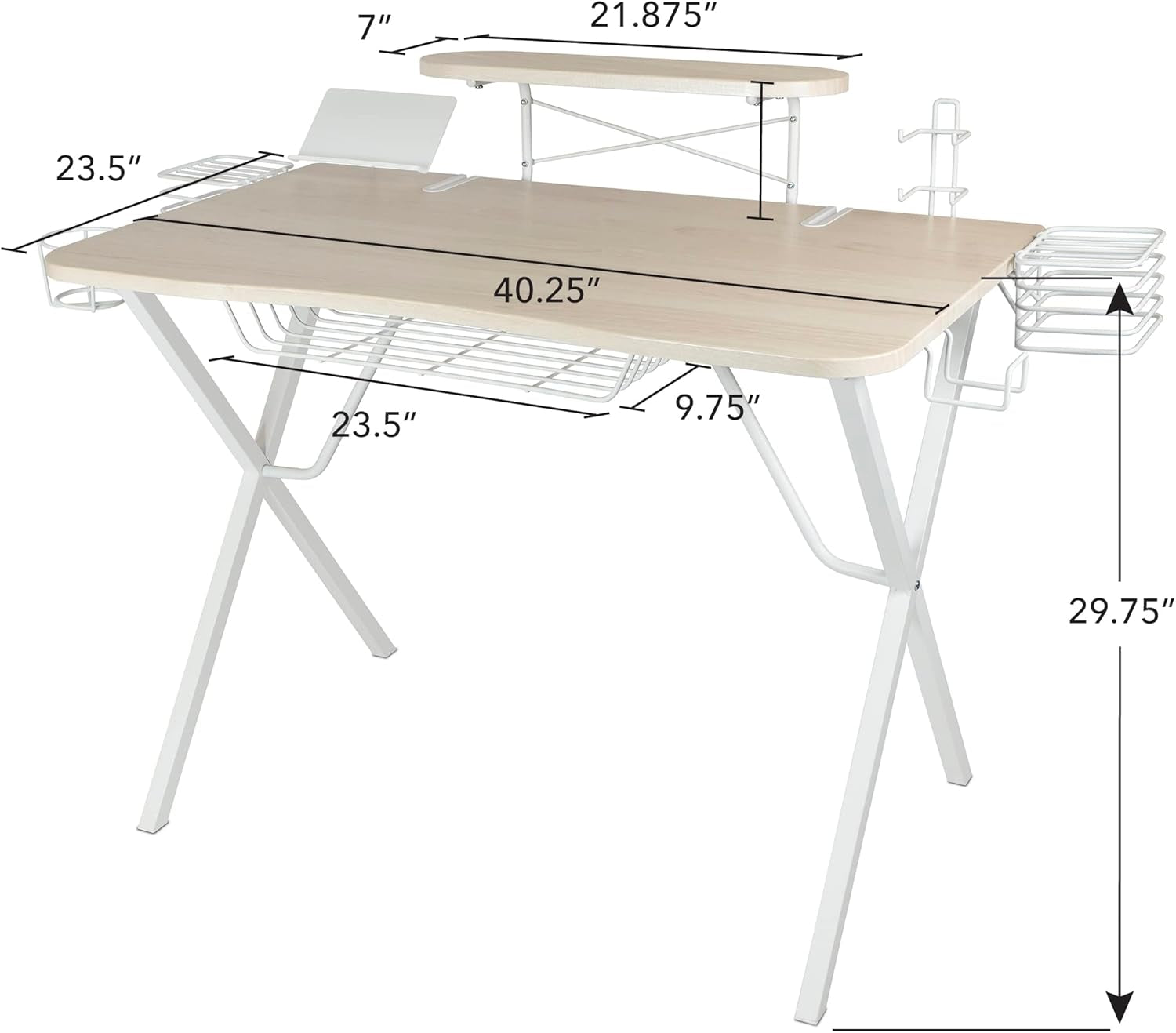 Gaming Desk Pro – Woodgrain Laminated Desktop, Heavy-Duty X-Legs, Detachable Monitor Platform, Tablet/Cell Phone Holder, Speaker Stands, Console Controller Rack, PN 33908142 - White