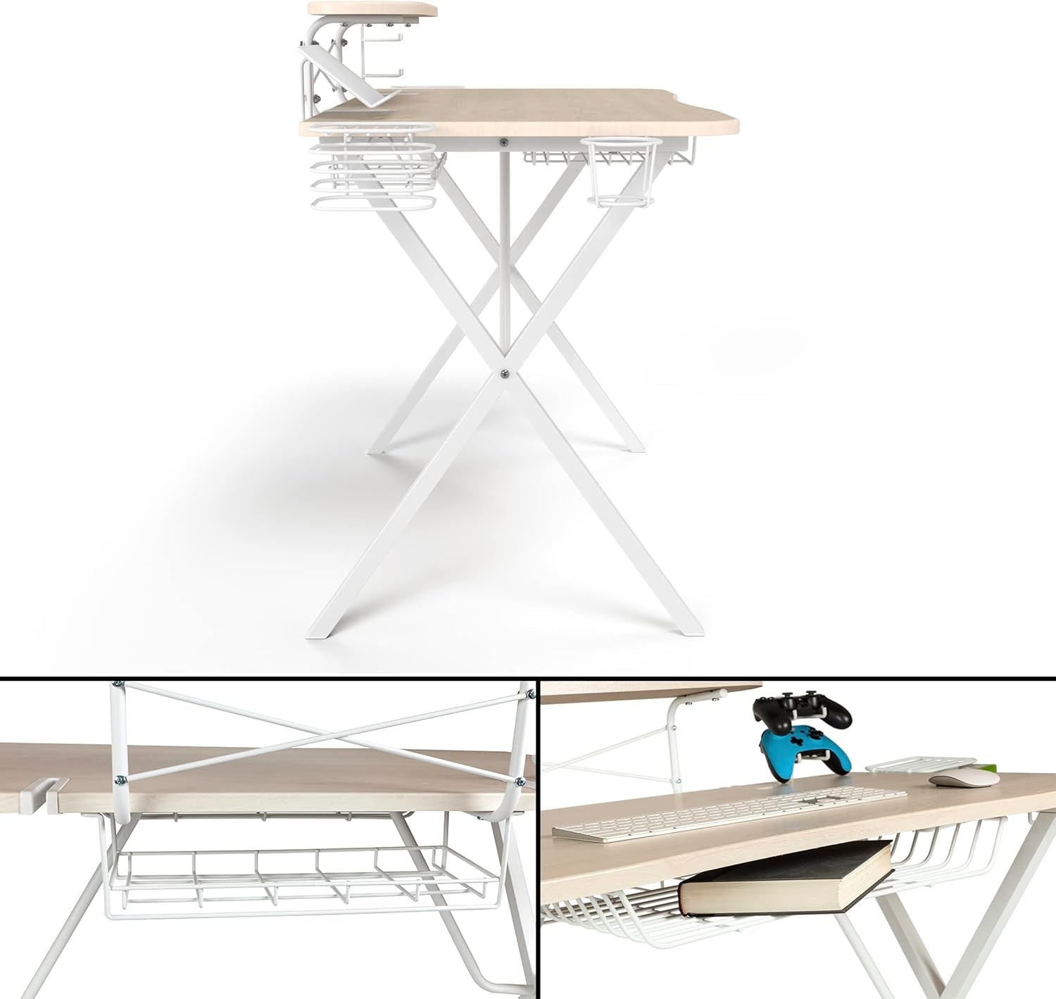 Gaming Desk Pro – Woodgrain Laminated Desktop, Heavy-Duty X-Legs, Detachable Monitor Platform, Tablet/Cell Phone Holder, Speaker Stands, Console Controller Rack, PN 33908142 - White