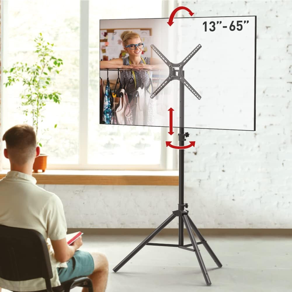 Tripod TV Floor Stand 13-65 Inch Tilt and Height Adjustment Stand, Holds up to 80 Lbs, 2 Year Warranty, Portable and Foldable, Fits LED OLED LCD