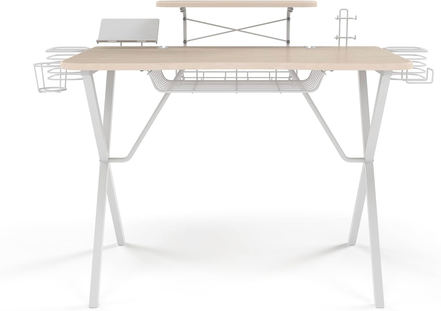 Gaming Desk Pro – Woodgrain Laminated Desktop, Heavy-Duty X-Legs, Detachable Monitor Platform, Tablet/Cell Phone Holder, Speaker Stands, Console Controller Rack, PN 33908142 - White