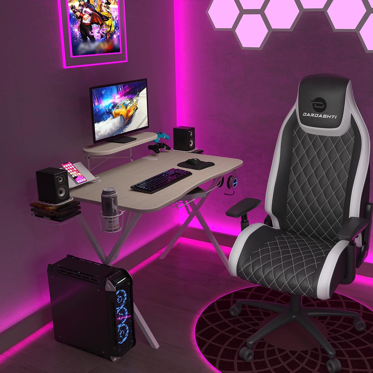 Gaming Desk Pro – Woodgrain Laminated Desktop, Heavy-Duty X-Legs, Detachable Monitor Platform, Tablet/Cell Phone Holder, Speaker Stands, Console Controller Rack, PN 33908142 - White